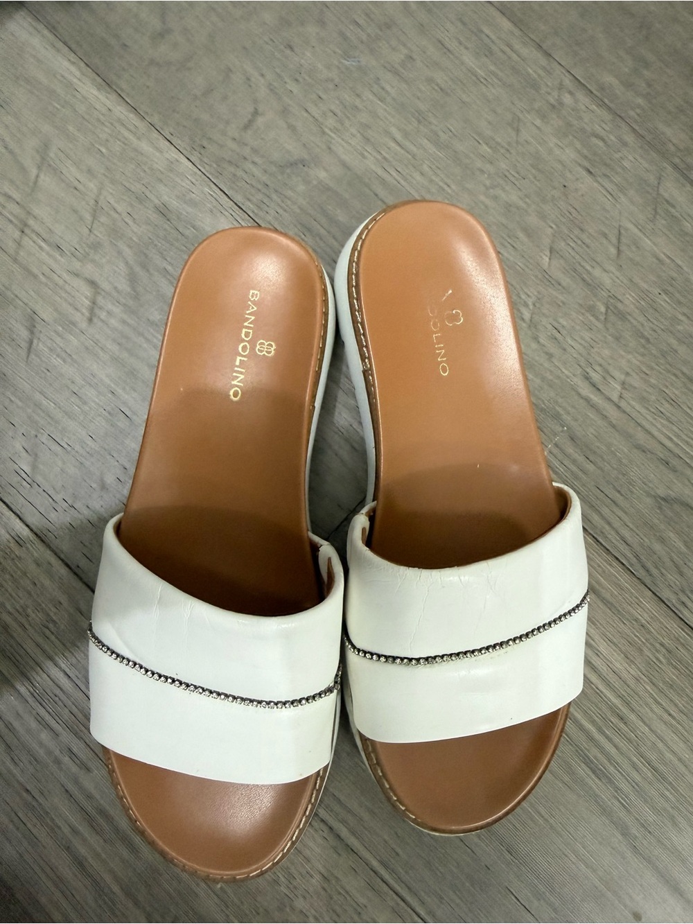 Bandolino White Slide Sandals with rhinestone Detail